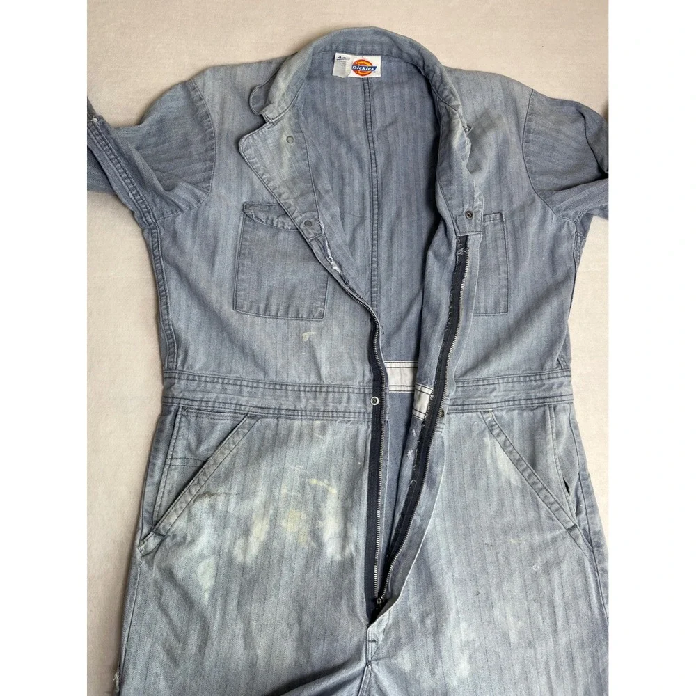 Vintage Dickies Coveralls Faded Blue Herringbone Twill Workwear Jumpsuit Cotton